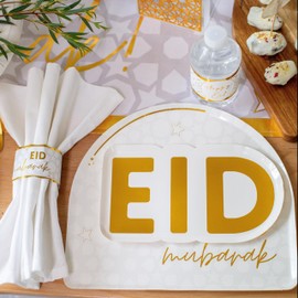 Amasi Decor Gold Eid Letter Dessert Paper Plates (Set of 12) – 9x5 in Metallic Gold Stamped Design Eid Plates for Desserts & Treats, Perfect for Stylish Eid Party & Eid Mubarak Decorations
