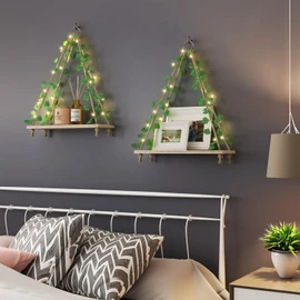 Fixwal Artificial Ivy LED-Strip Floating Shelves Set of 2, Macrame Hanging Shelves Plant Wall Decor, Rustic Boho Wood Wall Storage Shelves for Bedroom, Living Room, Bathroom Decor (Rustic Brown)