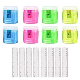 PMELCXD Pencil Sharpener Double Sharpener, 8 Pieces, Children's Manual Pencil Sharpener, Double Sharpener, 8 Pack, Clear Plastic Ruler, 15 cm, 6 Inch Straight Kit, Measuring Tool for Student, School,