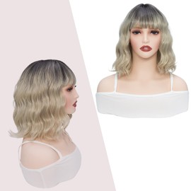 Yamel Wavy Bob Wig with Bangs Natural Ombre Blonde Wig Synthetic Hair Shoulder Length Short Curly Wigs for Women