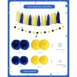 Blue and Yellow Party Decoration Set – 8 Paper Pom Poms, 15 Tassels, 1 Bunting, 1 Garland, 6 Spirals, 15 Latex Balloons – Complete Party Decor for Birthday, Graduation,Baby Shower, and Celebrations