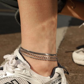 JECOMY Dainty Anklets for Women Stainless Steel Anklet Waterproof Ankle Bracelets Layered Cuban Link Anklet Stainless Steel Rope Snake Chain Anklets Jewelry Gift for Girls