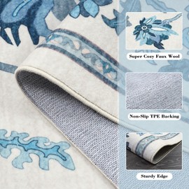 Uphome 8x10 Rugs for Living Room, Blue Turkish Non-Slip Bedroom Rug, Oriental Floral Washable Rug for Dorm, Modern Abstract Aesthetic Soft Floor Carpet for Dining Room Nursery Girls Room