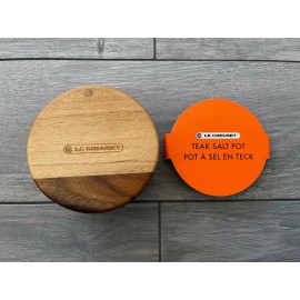 LE CREUSET TEAK SALT POT CROCK, 4" ROUND, SWIVEL LID, NWT