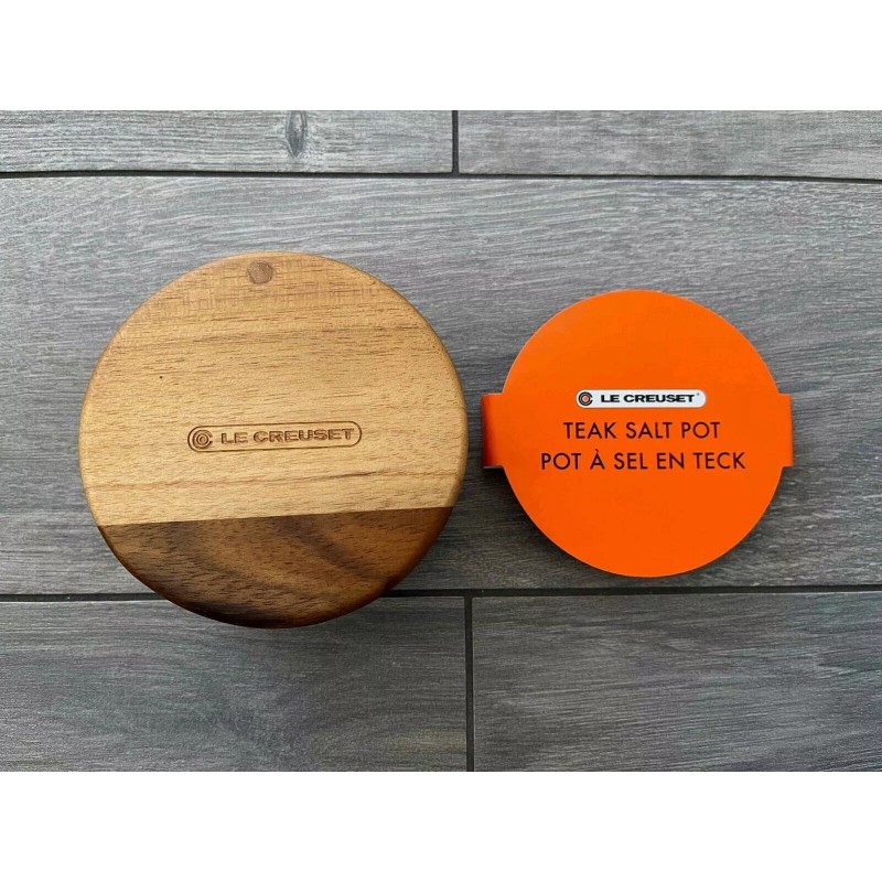 LE CREUSET TEAK SALT POT CROCK, 4" ROUND, SWIVEL LID,