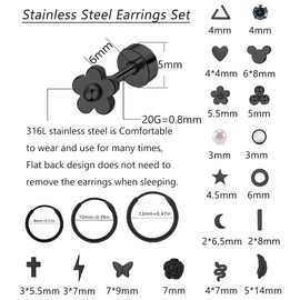 Staligue 21 Pairs Stainless Steel Earrings Set for Women Men Hypoallergenic 20G Flat Back Studs Earrings and Hoop Earrings Set Star Moon flower Snake Leaf Cartilage Piercing Earrings Jewelry Gifts