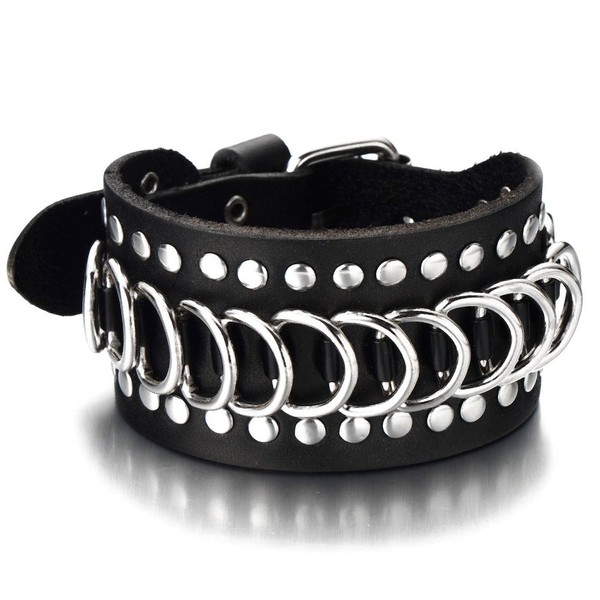 COOLSTEELANDBEYOND Gothic Punk Mens Wide Black Leather Bracelet Wristband Accented