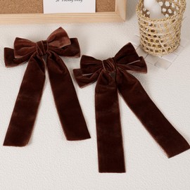 2pcs Velvet Long Tail Hair Bows Clips for Girls Women 5.5" Fall Dark Brown Velvet Ribbon Alligator Barrettes Hairpins Everyday Dress Outfit Decor Accessories