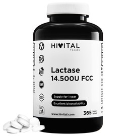 Lactase 14500 Units FCC. 365 Vegan Tablets for the Treatment of 1 Year. Lactase Enzyme for Intolerance to Lactose, Milk and Dairy Products. Made by HIVITAL