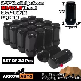ARROW 24 Black 14x1.5 Bulge Acorn Lug Nuts 1.75" For Chevy GMC Silverado Sierra 1500