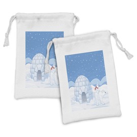 Ambesonne Polar Bear Fabric Pouch Set of 2, Mom Polar Bear Riding Her Motherhood Igloo Snow House Ice Scenery, Small Drawstring Bag for Toiletries Masks and Favors, 9" x 6", Pale Blue White
