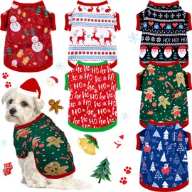 6 Pieces Christmas Dog Clothes Pet Shirts Breathable Puppy Vest Printed Christmas Snowman Reindeer Santa Claus Dog Shirts for Soft Outfit Dogs and Cats (L(8.8lbs-11.1lbs))