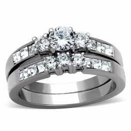 Lanyjewelry Three-Stone Type Brilliant CZ Stainless Steel Wedding Ring Set-7