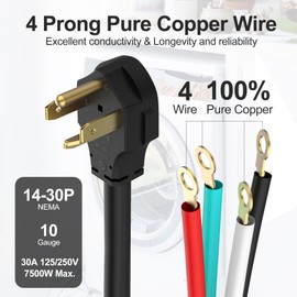 TOPDC 4 Prong Dryer Cord, 30 AMP Appliance Power Cord 10 Feet, Wires in 4 Colors with O Ring Terminal Connectors, Pure Copper Wire