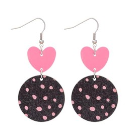 Valentine's Day Cute Love Heart Acrylic Wooden Earrings Lightweight Polka Dot Heart Bow Round Wood Dangle Drop Earrings for Women Jewelry Gift-B