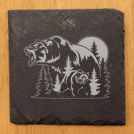 Bear Forest & Moon Slate Coasters Set of 4 - Rustic Gray, Laser Etched Design for Holidays, Birthdays, Housewarming - She-Shed or Man Cave Essential by Oregon Small Business