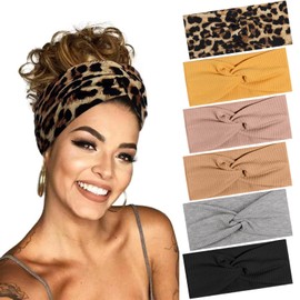 BELEVO Hair Bands for Women, 6 Pcs Elastic Head Bands Boho Wide Soft Ladies Headband, Yoga Sports Hair Accessories for Women (Leopard Print, Solid Color)