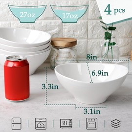 NUTRIUPS 8 Inch Ceramic Serving Bowls Set of 4, 27oz Porcelain Serving Dishes for Salad, Side Dishes, Pasta, Oval Shape, White,Microwave & Dishwasher Safe