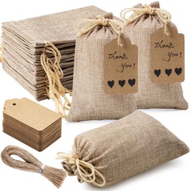Pack of 25 Jute Gift Bags with Drawstring and 25 Gift Tags, 10 x 15 cm Reusable Gift Bags, Jute Bag, Bag for Wedding Gifts, Party, Jewellery Bag, Christmas