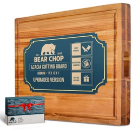 [2025 Upgraded] Bearchop Acacia Wood Cutting Board for Kitchen with 2-Side Reinforced Bar for Crack/Warp Resistance,[17"x13"x1"] Solid Wood Cutting Boards with Juice Groove & Handle, Gift Box included