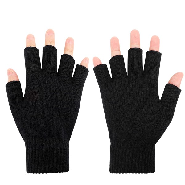 CINECE Knit Gloves, Cold Protection, Fingerless, Half Finger Winter Gloves, Thick, Warm, Indoor Driving, Work, School, Work, Unisex, Black