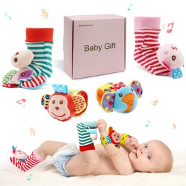 Infant Rattle Toys 0 to 3 Years, Baby Wrist Rattle Foot Finder Socks Set, Birthday Holiday Present for Newborn Boy Girl 0/3/4/6/7/8/9/12/18/24/36 Months Kids Toddler, Gift Box Package (4A-Pink)