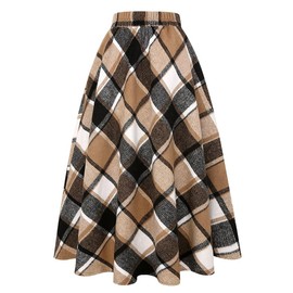 Long Plaid Wool Skirt for Women Winter Fall Warm High Elastic Waist A Line Flared Pleated Wool Tartan Skirts (Brown New, L)