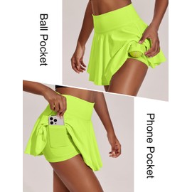 PINSPARK Pleated Tennis Skirts for Women High Waisted Athletic Golf Skorts Cute Running Skirt with Shorts Neon Green XS