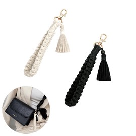 RHQFDM Pack of 2 Key Chains Macrame Bracelet Boho Lanyard Short Lanyard with Tassel for Women's Wrist Braided Tassel Bracelet Can Be Used for Car Keys Mobile Phones, black/white