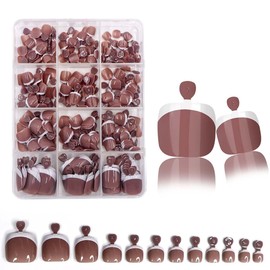 French Tip Press on Toe Nails,Dark Brown Base Color Press On Toenails, 240pcs Square Pre-Designed Fake Toenails,Reusable Artificial Nails in 12 Sizes,Glossy Full Cover Glue on Nails for Women Pedicure