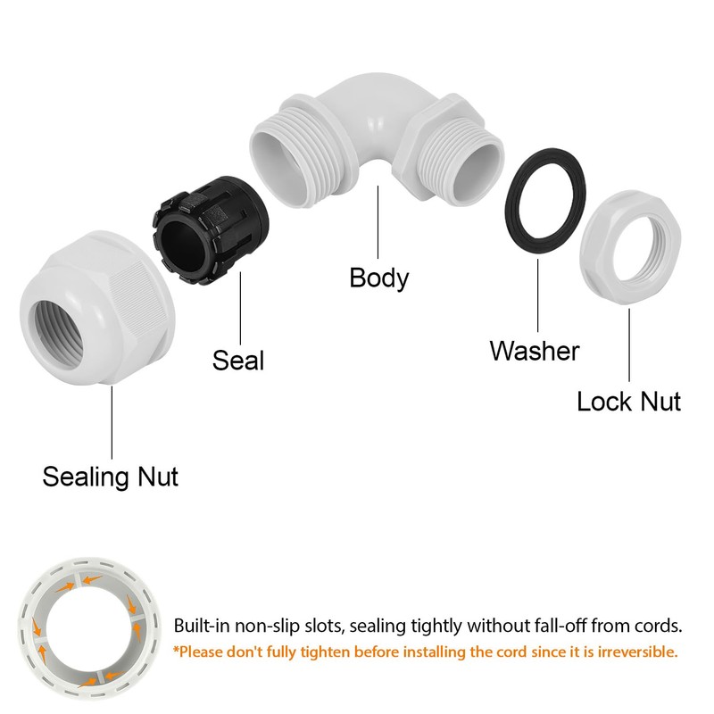 LeMotech M20 Cable Gland, 90 Degree Adjustable 9-14mm Strain Relief,