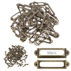 Ruidee Pack of 50 Metal Label Frames Vintage 60 x 17 mm Labels Card Frame Holder Furniture Drawer Label Holder with Screws Name Plate Label Frame for Office Library (60 x 17 mm/Bronze)