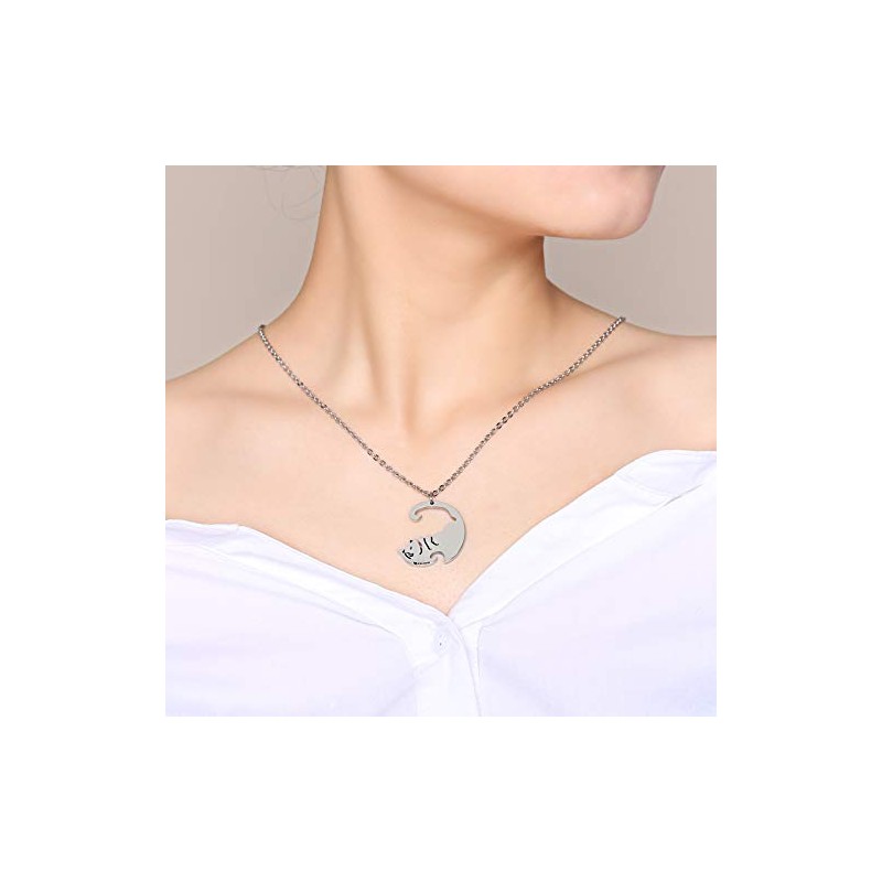 Rockyu Couple Necklace, Popular, Silver, Black, Cat Necklace, Cute, Unisex,
