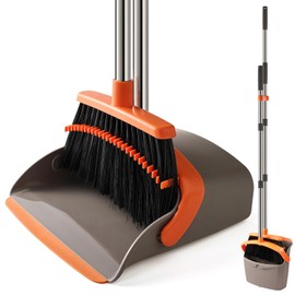 Broom and Dustpan Set, Upgraded Broom with Dustpan Combo Set with 56" Tall Adjustable Handle, Self-Cleaning Teeth, Upright Standing Dust Pan for Heavy Duty Indoor Outdoor Cleaning and Pet Hair