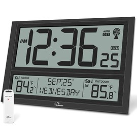 WallarGe Extra Large Atomic Clock with Indoor Outdoor Temperature, Ultra Clear 4.5'' Numbers Display with Auto DST, 4 Time Zones, Date and Day Display, Battery Operated