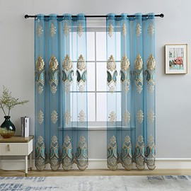 ELKCA Cortinas traslúcidas bordadas de lujo para sala de estar, cortinas de tul azul pavo real para dormitorio, cortina de hilo transparente, ojales en la parte superior, 52 pulgadas de ancho x 84 pulgadas de largo, 2 paneles