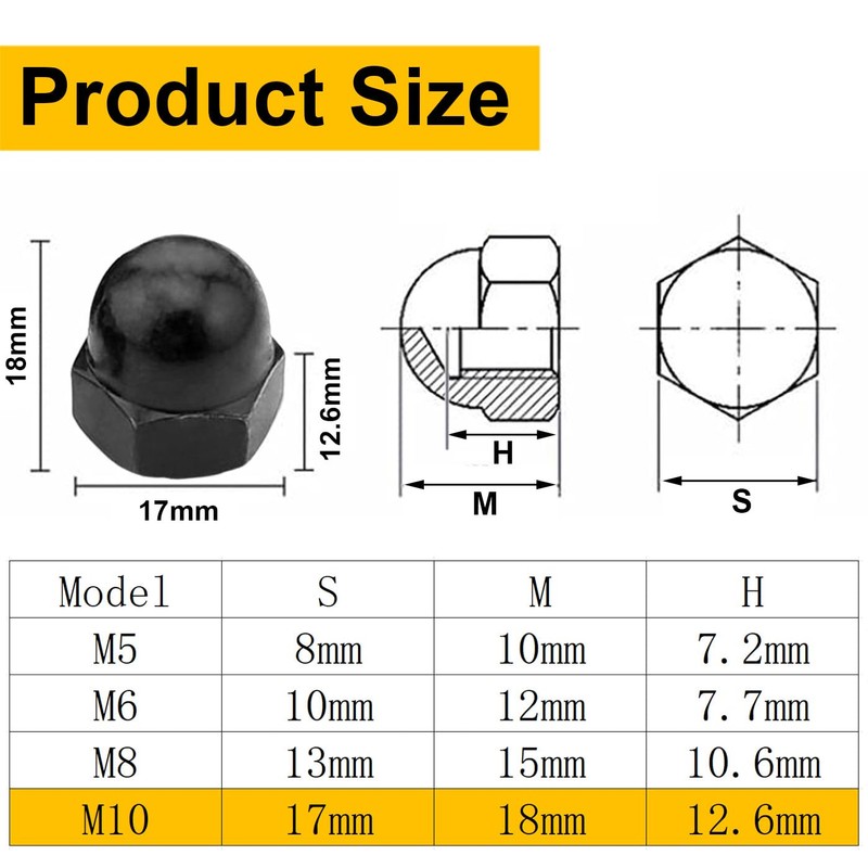 Bikasun Pack of 20 Acorn Nuts M10 Black Stainless Steel