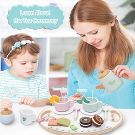 UMU 20 Pieces Wooden Tea Tools Set for Kids Party Toys with Teapot, Cup, Lemon Slice, Tea Bag and More Accessories for Teacast Knowledge, Develops Social Skills & Creativity, Rounded Edges & Durable