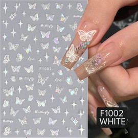 Tyuimhx 8 Sheets Aurora Butterfly Nail Art Stickers Decals 3D Self-Adhesive Nail Supplies Holographic Glitter White & Black Butterflies Nail Decals for Women Girls DIY Laser Manicure Decorations