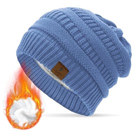 Durio Women's Warm Winter Knitted Beanie with Inner Lining, Chunky Knit, blue
