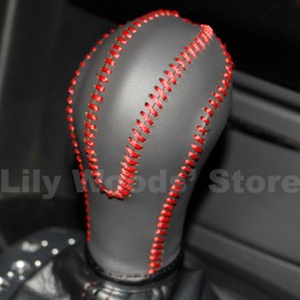JI Loncky Black Genuine Leather Gear Shift Knob Cover for Infiniti FX35 FX37 FX50 /EX35 EX37 EX25 IPLG /G25 G35 G37 /QX56 QX80 QX70 QX50 /Q60 Q40 Automatic Accessories (Red Thread)