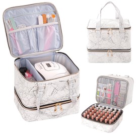 AGX Bravo Nail Polish Organizer Bag Double Layers Nail Polish Storage Case Holds 42 Bottles & 1 Nail Lamp Gel Carrying Case Bag Manicure Supplies Organizers (Marbling)