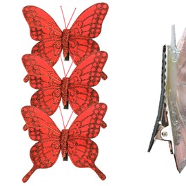 Christmas 3 Pack Clip on Feather Butterfly with Glitter Tree Decoration - Red