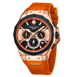 PC PARAS CROWN Mens Watches Fashion Luxury Quartz Waterproof Chronograph Wrist Watches for Men Silicone Strap Stainless Steel Case