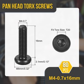DTGN M4x16mm Pan Head Torx Security Screw - 80Pack - Good for Machinery - Carbon Steel Button Head Torx Bolt Star Drive Security Fasteners - Black