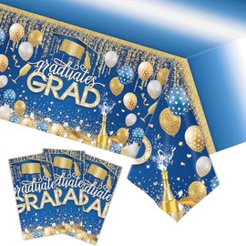 3pcs Graduation Tablecloth Disposable, 54in x 108in Graduation Decorations for Rectangle Tables, Grad Plastic Table Cover for Party Supplies （Blue Gold）