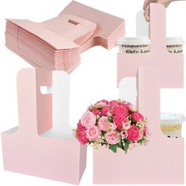 50 Pack 2 Cup Drink Carrier with Handle 2 or 4 Cup Kraft Paperboard Drink Cup Carrier for Delivery Coffee Beverage Cup Holder Floral Wrap Packing Box Birthday Mother's Day Graduation Party Gift Decor