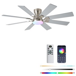 JSAITEE 52 inch Ceiling Fan with Light, 6 Speeds Reversible Low Profile Ceiling Fan with Light and Remote/APP Control, 3 Color Temp+Dimmable RGB, 8 Blades, Flush Mount Quiet Ceiling Fans, Nickel