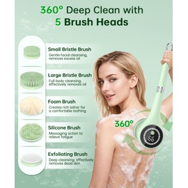 Electric Body Brush Back Scrubber for Shower, Waterproof Long Handle Power Auto Body Scrubber with 5 Heads, 3-Speed Rechargeable Bath Brush for Women, Men, Deep Cleansing, Exfoliating, Massage Skin