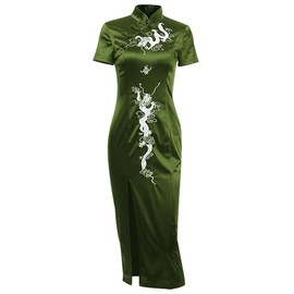TSMNZMU Cheongsam Dress for Women Gothic Asian Long Dresses Dragon Print Chinese Maxi Dress Japanese Lolita Dresses E-Green